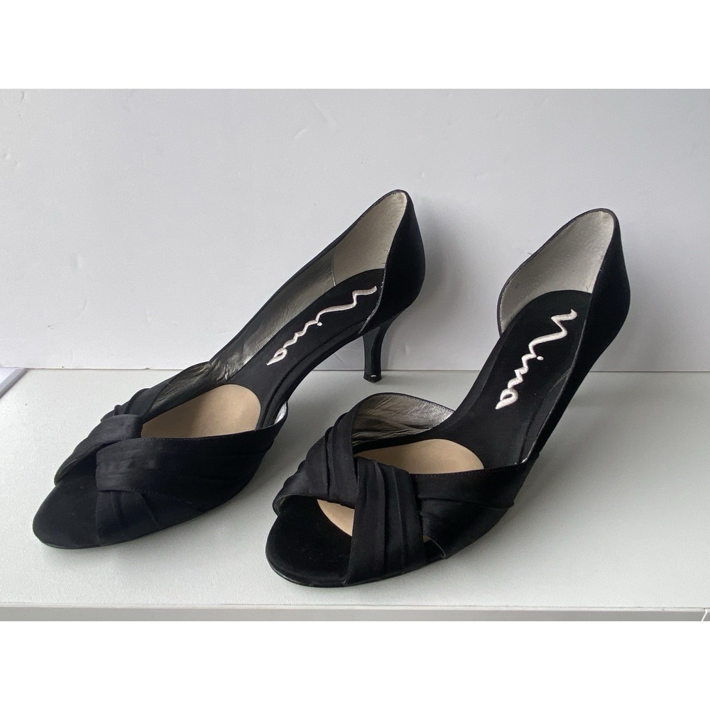 Nina Black‎ Elegant Satin Pleated Crossover Peep Toe D'Orsay Pumps Size 9.5